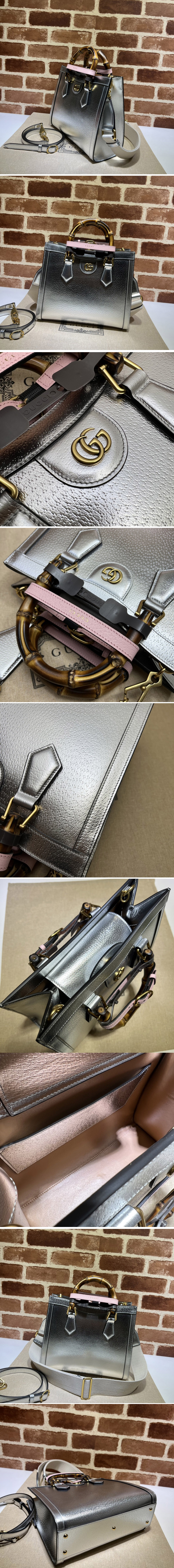 Replica Gucci 702721 Gucci Diana small tote bag in Silver leather