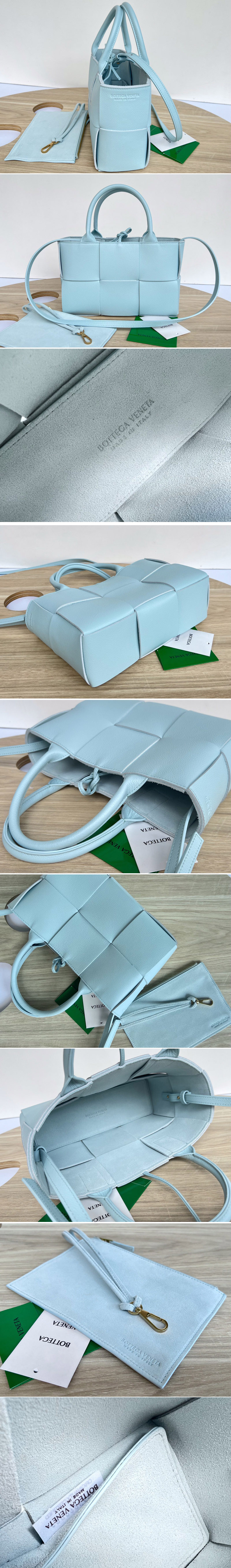 Replica Bottega Veneta 709337 Mini Arco Tote Bag in Pale Blue intreccio grained leather