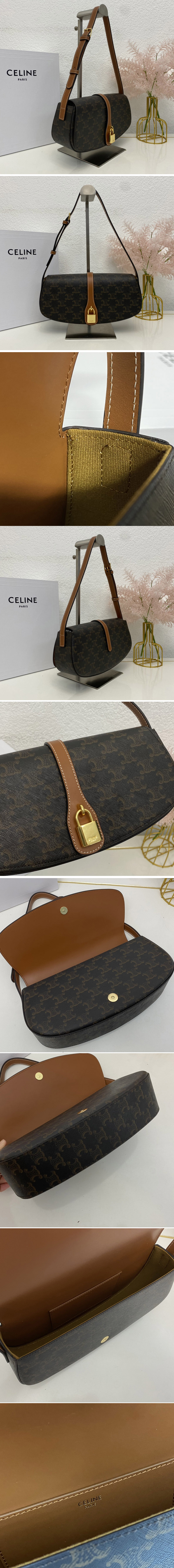 Replica Celine 10I592 CLUTCH ON STRAP TABOU bag IN Brown TRIOMPHE CANVAS AND Tan CALFSKIN