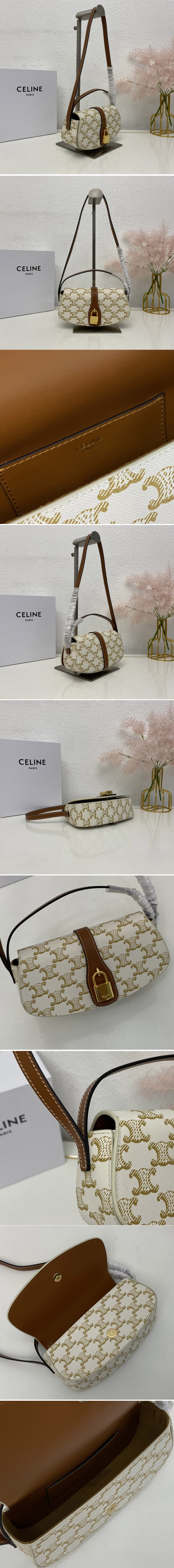 Replica Celine 10I592 CLUTCH ON STRAP TABOU bag IN White TRIOMPHE CANVAS AND Tan CALFSKIN