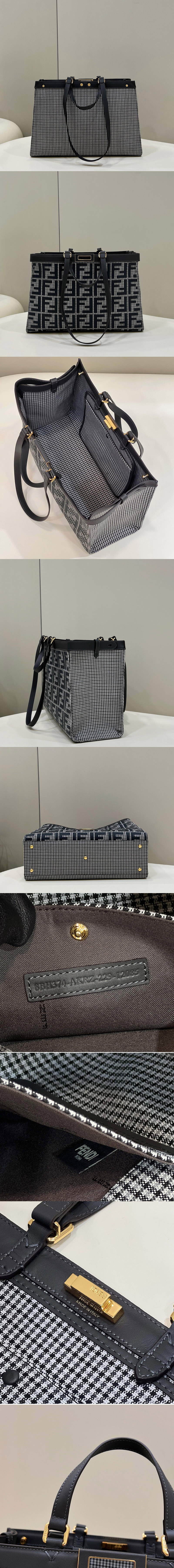 Replica Fendi 8BH374 Medium X-Tote shopper bag in Gray houndstooth wool with FF embroidery