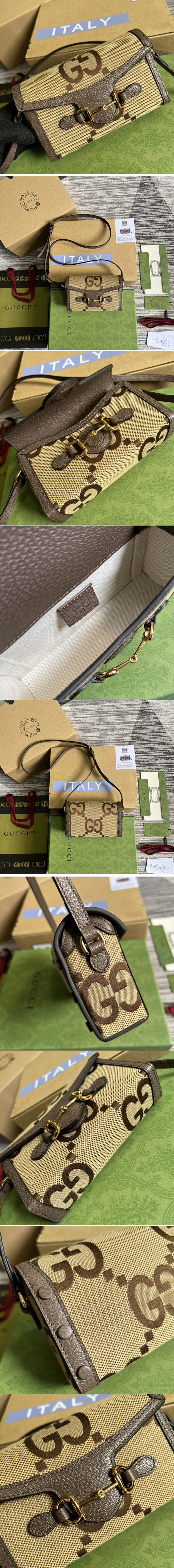 Replica Gucci 699296 Gucci Horsebit 1955 jumbo GG mini bag in Camel and ebony jumbo GG canvas