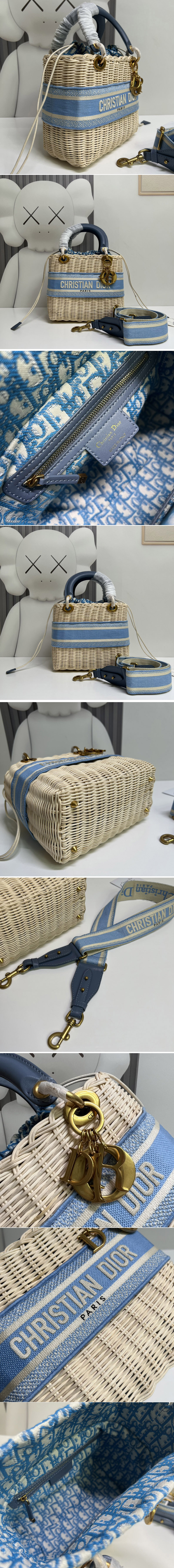 Replica Christian Dior M0565 Medium Lady Dior handbag in Natural Wicker and Blue Dior Oblique Jacquard