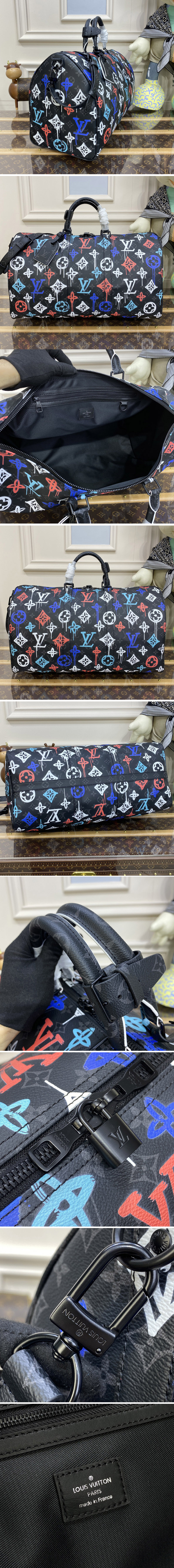 Replica Louis Vuitton M21384 LV Keepall Bandouliere 50 travel bag in Monogram Eclipse canvas with the Monogram Blossoms