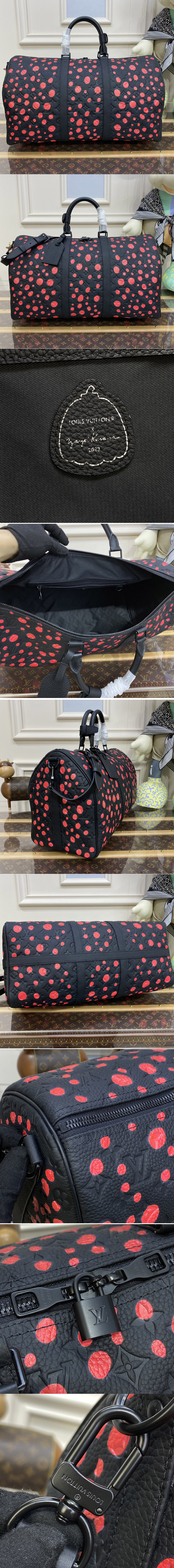 Replica Louis Vuitton M21674 LV LV x YK Keepall 50 travel bag in Black and red Taurillon Monogram cowhide with Infinity Dots print