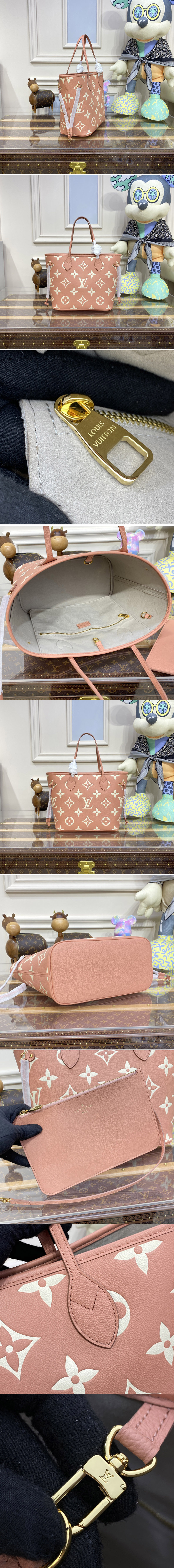 Replica Louis Vuitton M45685 LV Neverfull MM tote bag in Pink/Cream Monogram Empreinte leather