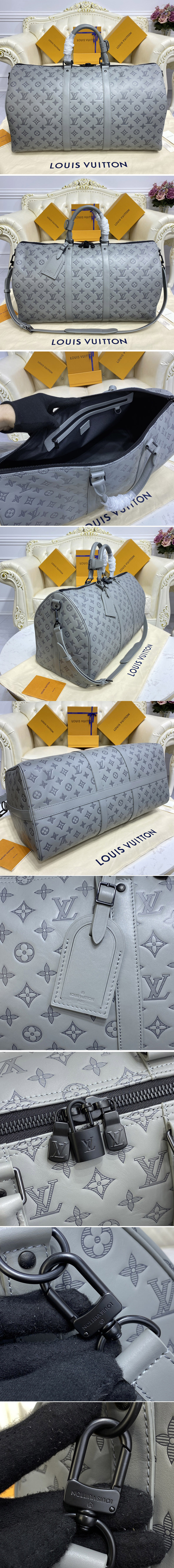 Replica Louis Vuitton M46117 LV Keepall 50B bag in Gray Monogram Shadow leather