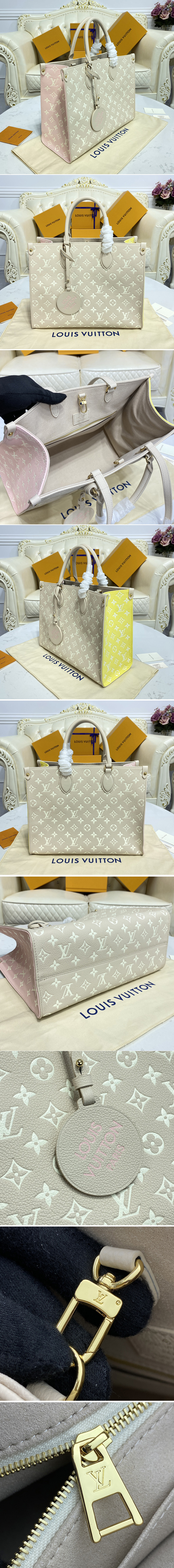 Replica Louis Vuitton M46128 LV OnTheGo tote bag on Beige/Pink/Yellow Monogram Empreinte Leather