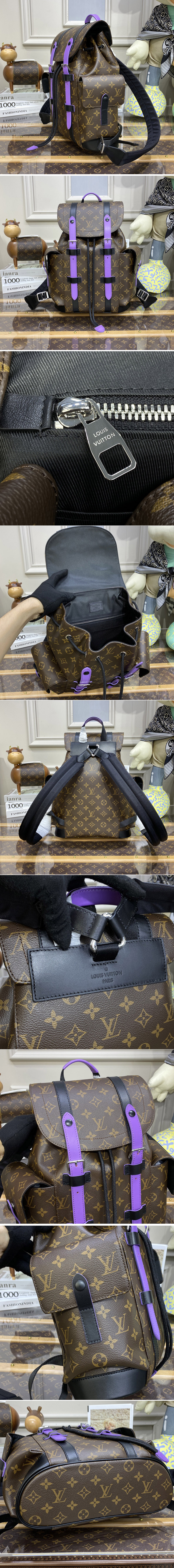 Replica Louis Vuitton M46247 LV Christopher PM Backpack in Monogram Macassar coated canvas and Purple cowhide leather