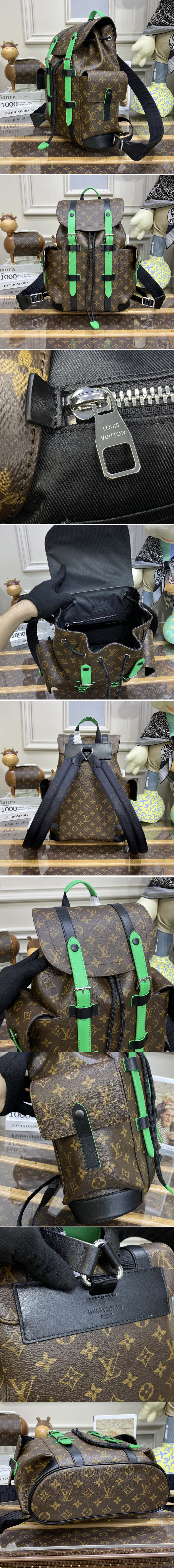 Replica Louis Vuitton M46247 LV Christopher PM Backpack in Monogram Macassar coated canvas and Green cowhide leather