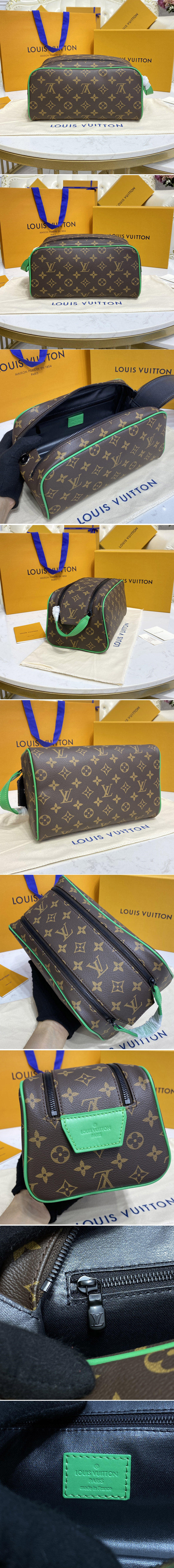 Replica Louis Vuitton M46253 LV Dopp Kit Toilet Pouch in Monogram Macassar coated canvas With Green