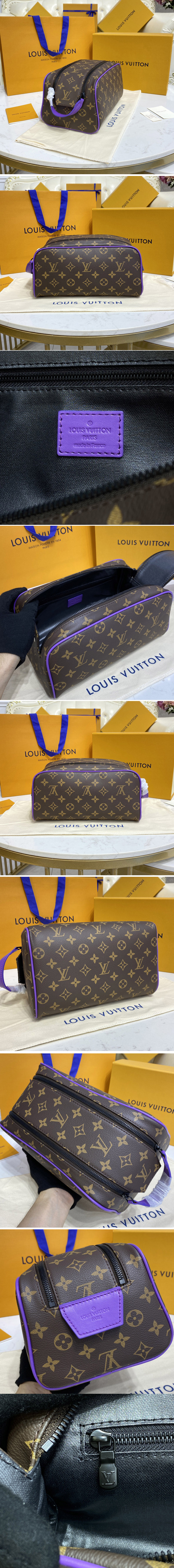 Replica Louis Vuitton M46253 LV Dopp Kit Toilet Pouch in Monogram Macassar coated canvas With Purple