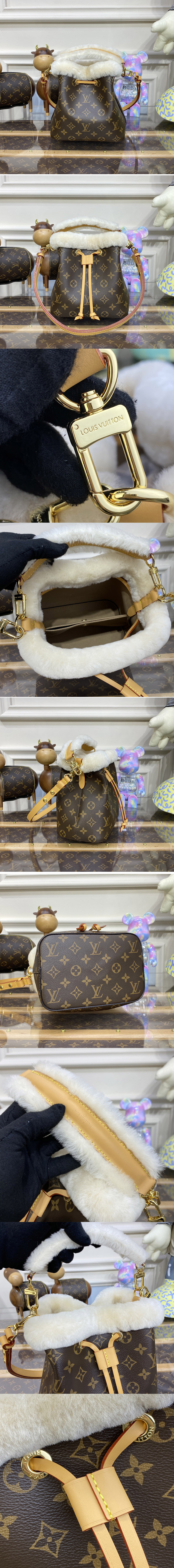 Replica Louis Vuitton M46319 LV NeoNoe BB Bucket Bag in Monogram coated canvas and shearling