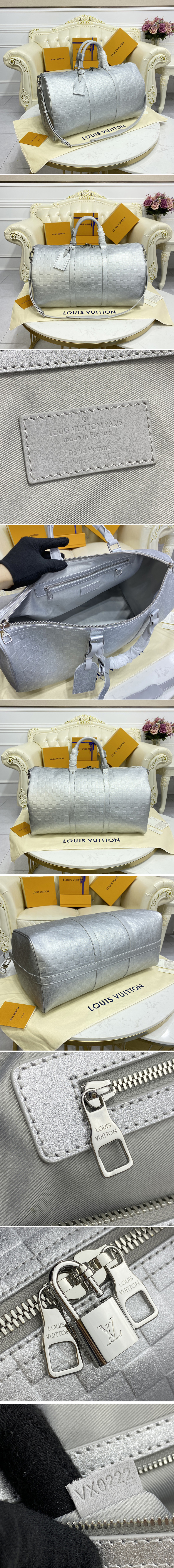 Replica Louis Vuitton N58041 LV Keepall 50 Bandouliere bag in Silver Cowhide leather