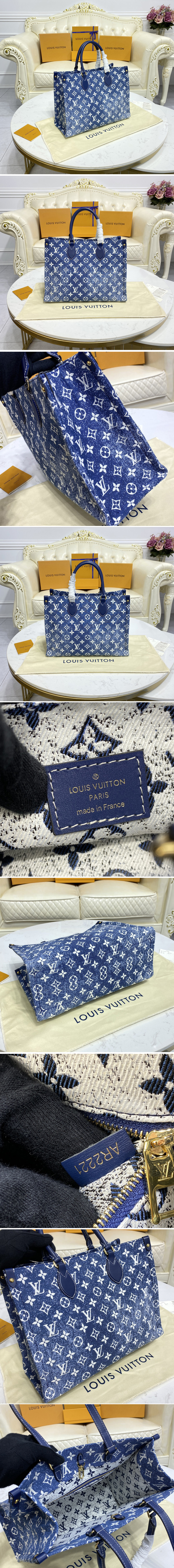 Replica Louis Vuitton M59608 LV Onthego MM tote Bag on Navy Blue Monogram denim jacquard