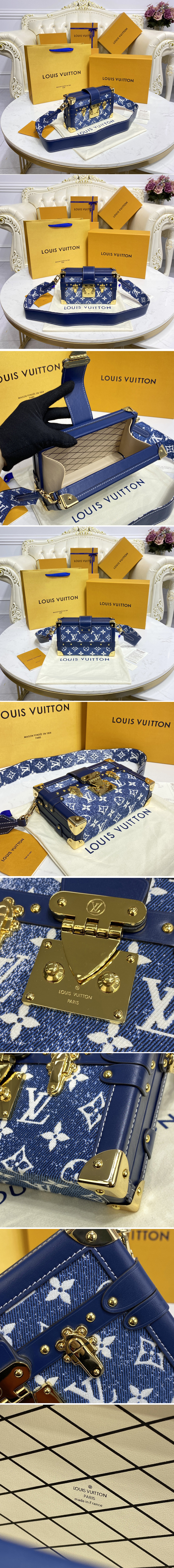 Replica Louis Vuitton M59717 LV Petite Malle handbag in Navy Blue Monogram denim jacquard