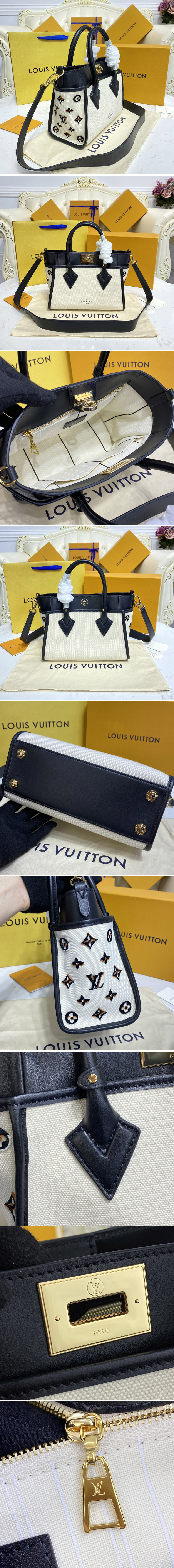 Replica Louis Vuitton M59908 LV On My Side PM Tote Bag canvas with Black smooth leather