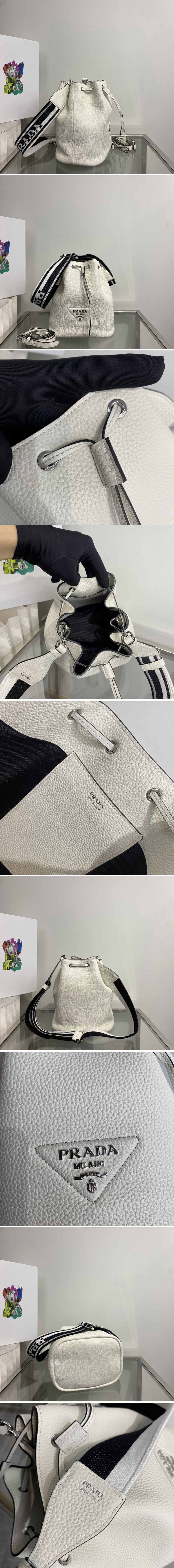 Replica Prada 1BE060 Leather bucket bag in White Leather