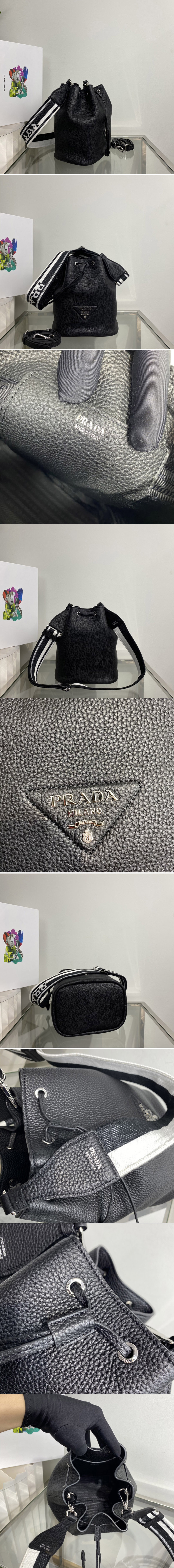 Replica Prada 1BE060 Leather bucket bag in Black Leather