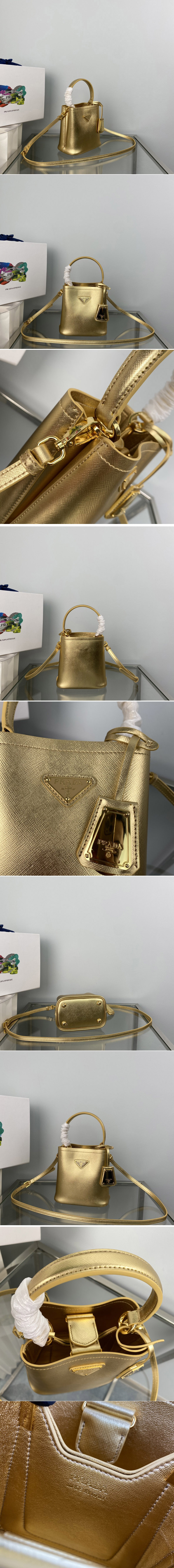 Replica Prada 1BA373 Prada Panier Saffiano leather mini-bag in Gold Saffiano leather