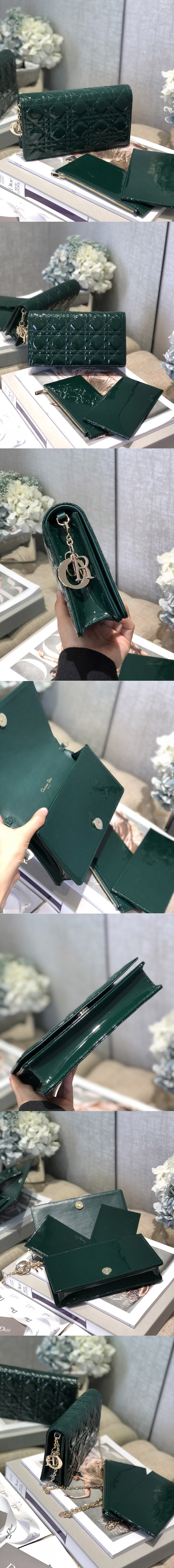 Replica Dior S0204 Lady Dior pouch in Green Patent Cannage Calfskin