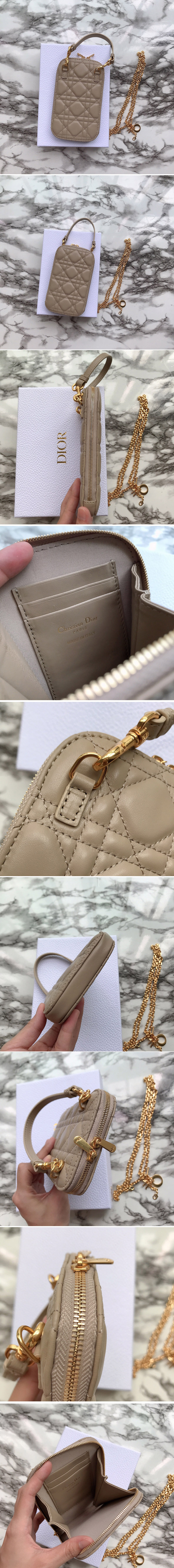 Replica Dior S0872 Lady Dior phone holder in Beige Cannage Lambskin