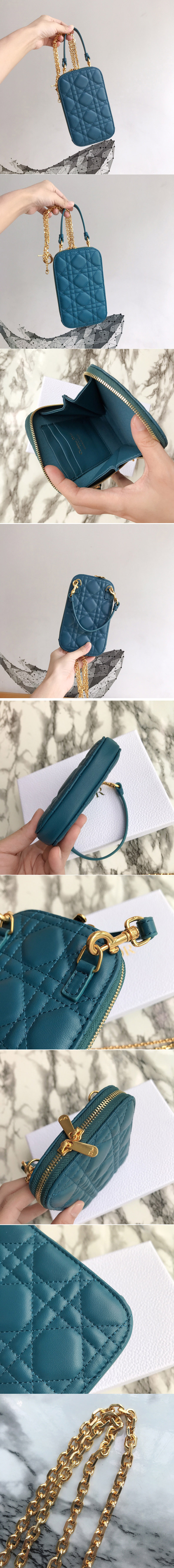 Replica Dior S0872 Lady Dior phone holder in Blue Cannage Lambskin