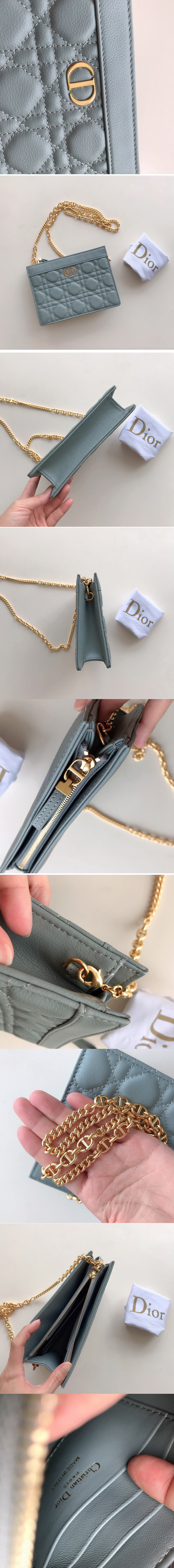 Replica Christian Dior S5106 Dior Caro zipped pouch with chain in Light Blue Supple Cannage Calfskin