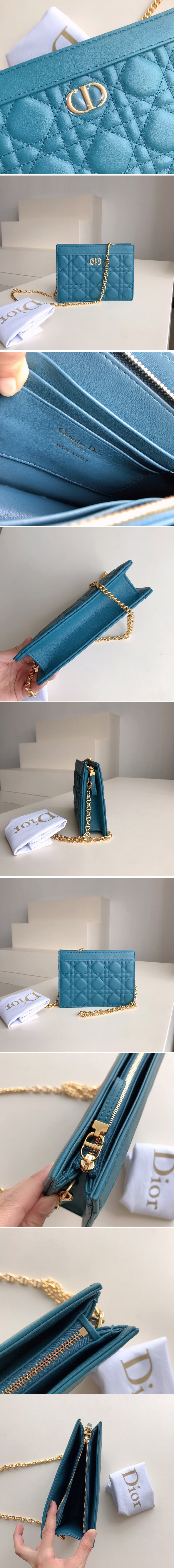 Replica Christian Dior S5106 Dior Caro zipped pouch with chain in Blue Supple Cannage Calfskin