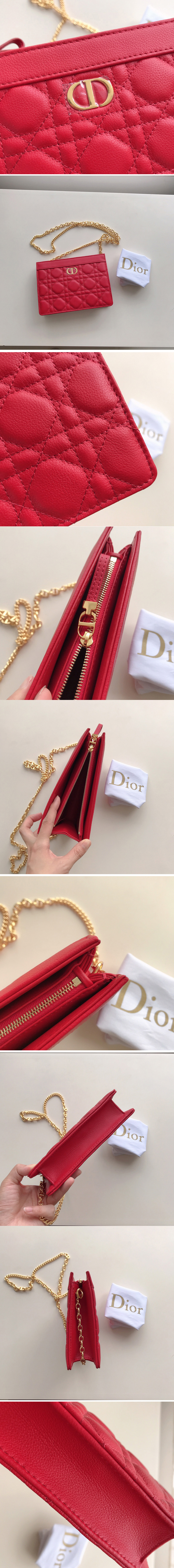 Replica Christian Dior S5106 Dior Caro zipped pouch with chain in Red Supple Cannage Calfskin