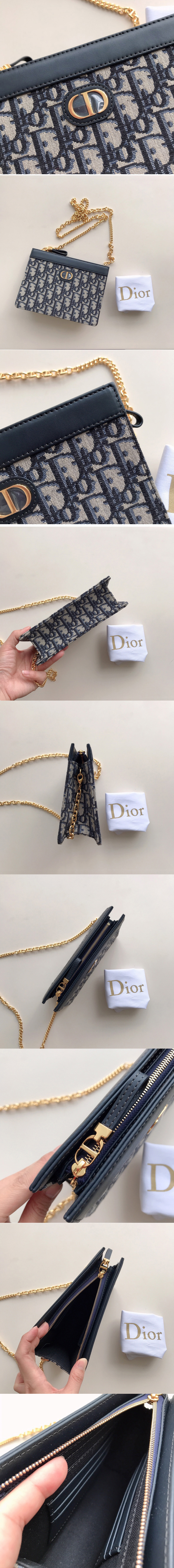 Replica Christian Dior S5106 Dior Caro zipped pouch with chain in Blue Dior Oblique Embroidered