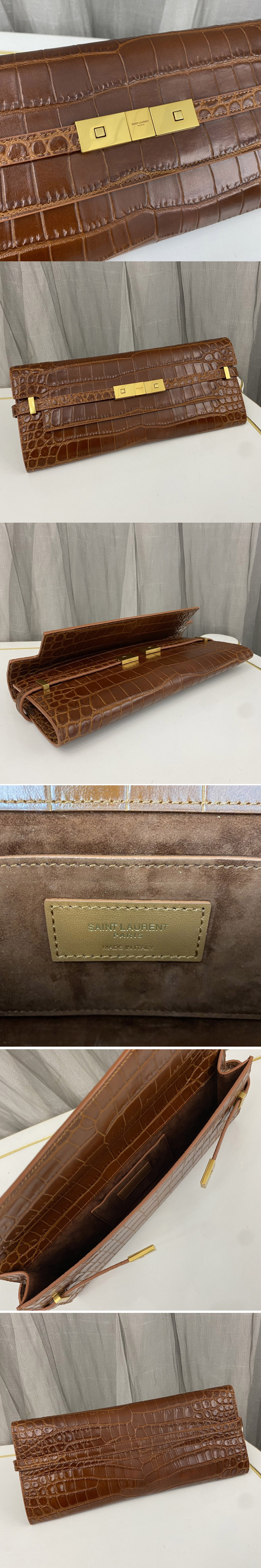 Replica Saint Laurent 695949 YSL MANHATTAN CLUTCH IN Brown CROCODILE-EMBOSSED LEATHER