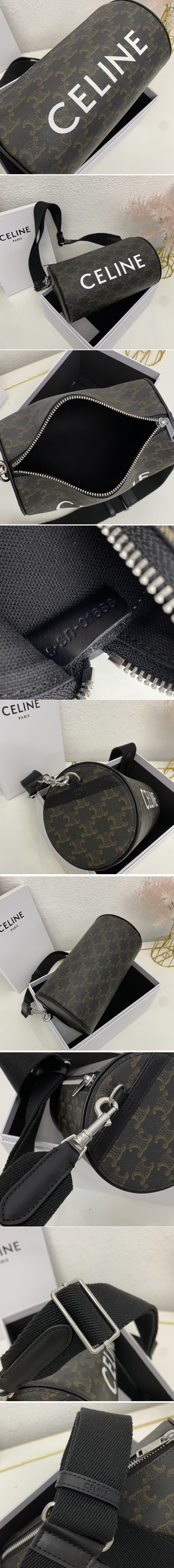 Replica Celine 110052 CYLINDER BAG IN TRIOMPHE CANVAS XL WITH CELINE PRINT With Black Calfskin Leather