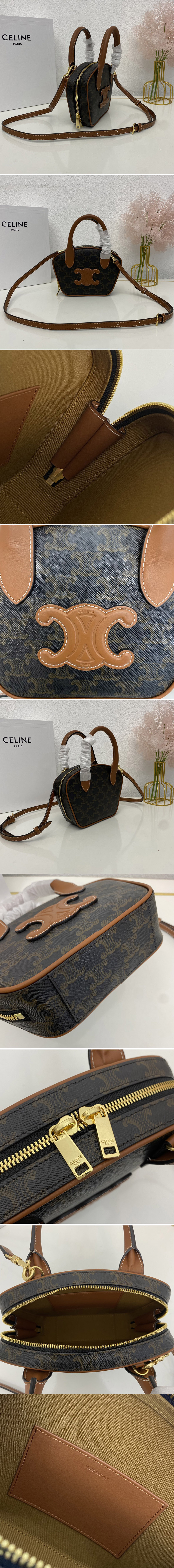 Replica Celine 110462 MINI BOWLING BAG IN TRIOMPHE CANVAS AND TAN CALFSKIN