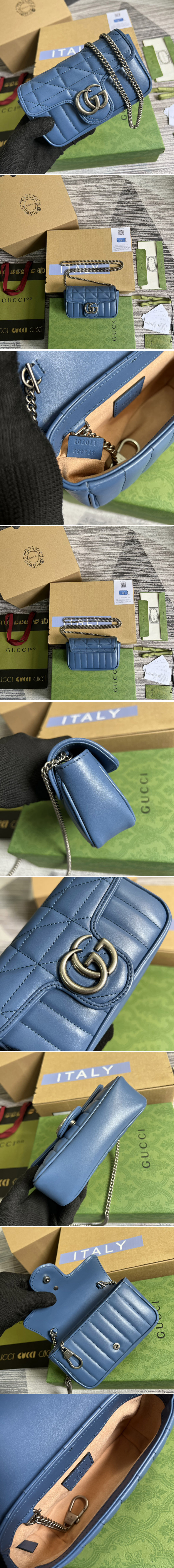 Replica Gucci 476433 GG Marmont leather super mini bag in Blue matelassé leather