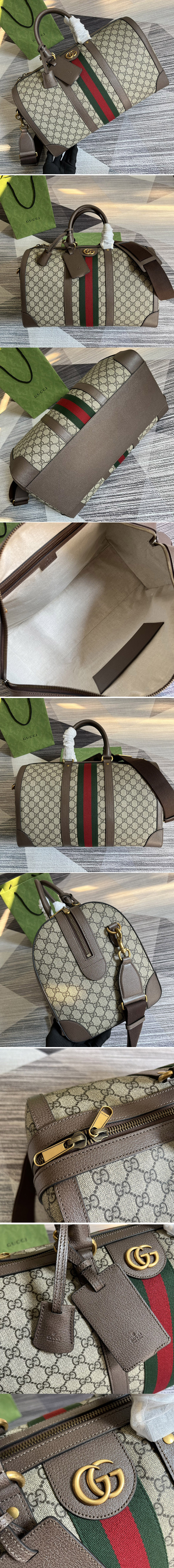 Replica Gucci ‎681295 Ophidia medium duffle bag in Beige and ebony GG supreme canvas with Brown Leather