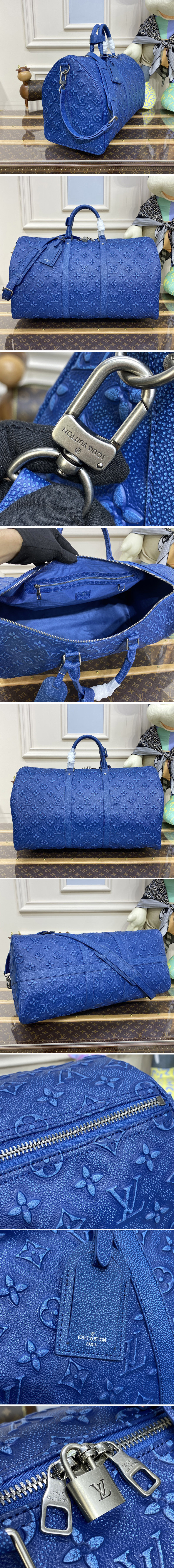 Replica Louis Vuitton M21375 LV Keepall Bandouliere 50 bag in Denim Blue Cowhide leather