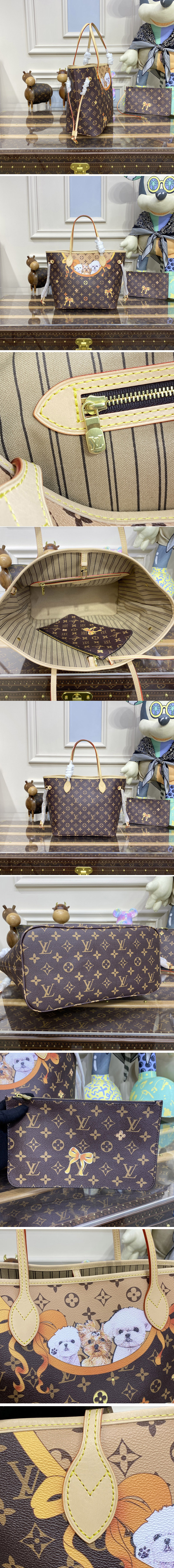 Replica Louis Vuitton M40995 LV Neverfull MM tote Bag in Monogram coated canvas With Dog