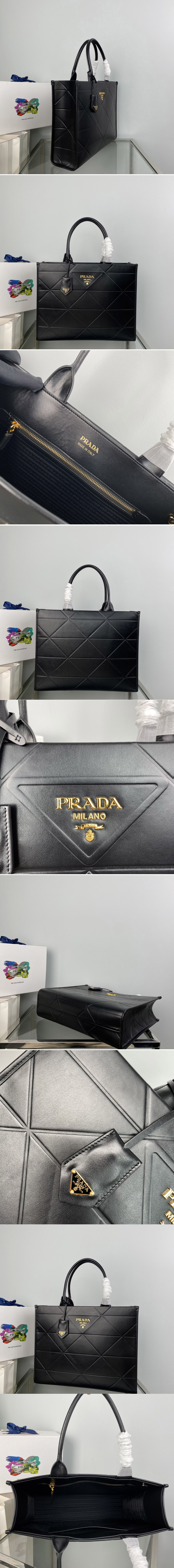 Replica Prada 1BA377 Large leather Prada Symbole bag with topstitching in Black Leather