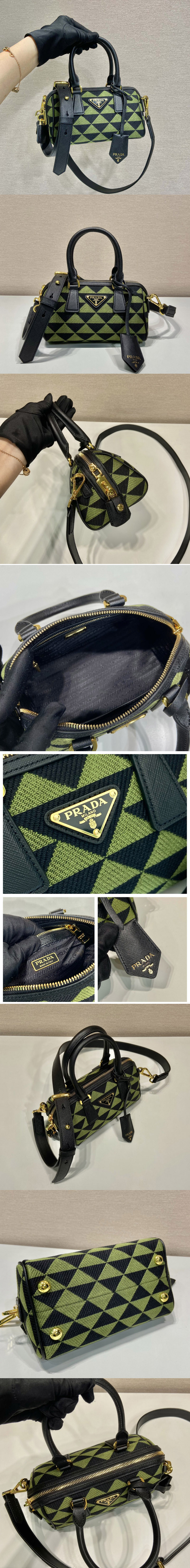 Replica Prada 1BA846 embroidered fabric Boston bag in Black/Green