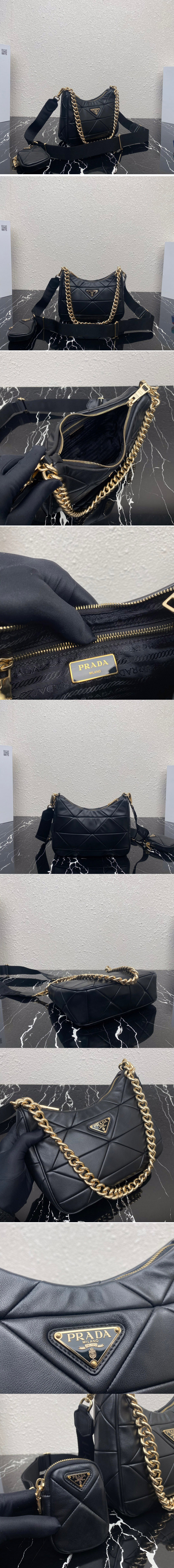 Replica Prada 1BC151 Re-Nylon padded hobo bag in Black Leather