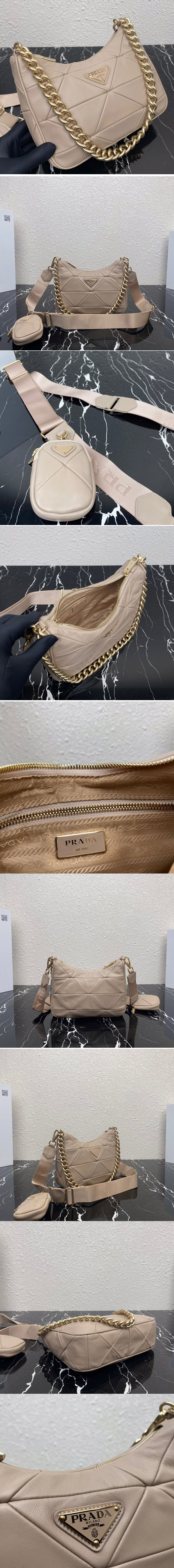 Replica Prada 1BC151 Re-Nylon padded hobo bag in Beige Nylon