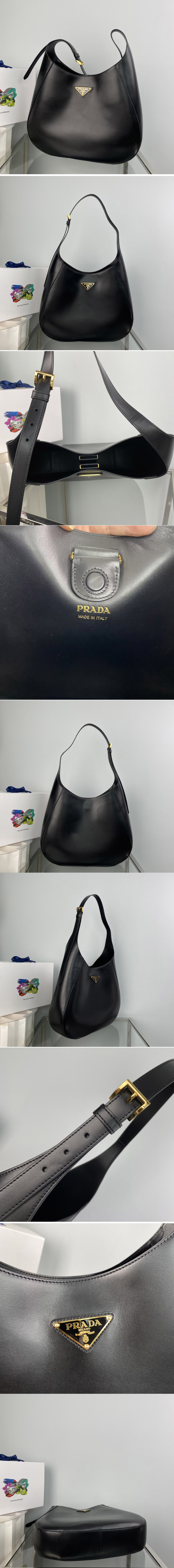 Replica Prada 1BC181 Large leather shoulder bag with topstitching in Black Leather