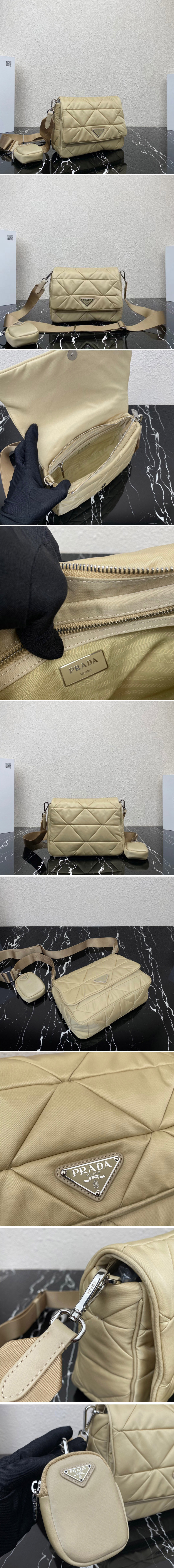 Replica Prada 1BD290 Re-Nylon padded shoulder bag in Beige Nylon