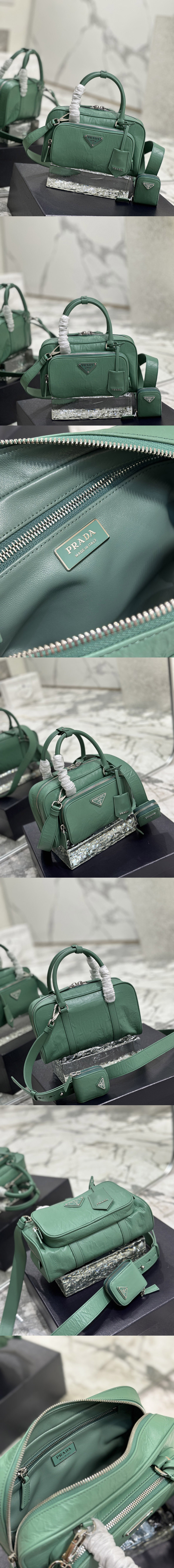 Replica Prada 1BB099 Antique nappa leather multi-pocket top-handle bag in Green Leather