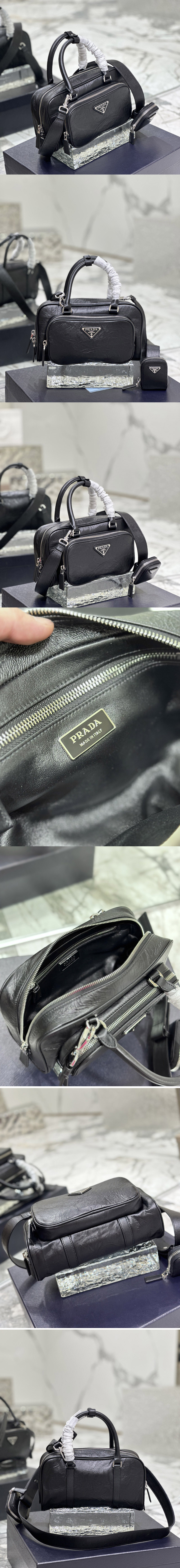Replica Prada 1BB099 Antique nappa leather multi-pocket top-handle bag in Black Leather
