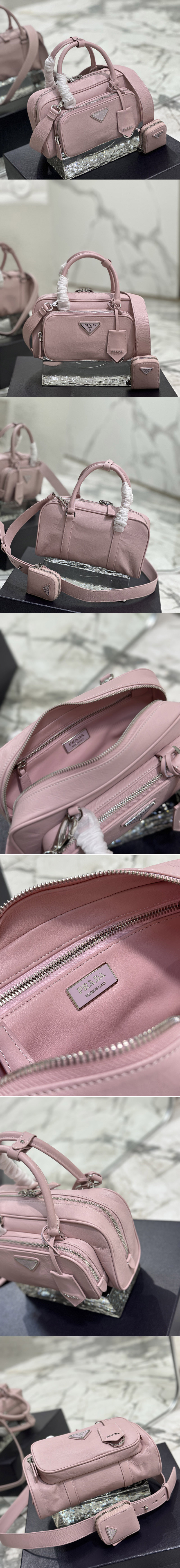 Replica Prada 1BB099 Antique nappa leather multi-pocket top-handle bag in Pink Leather