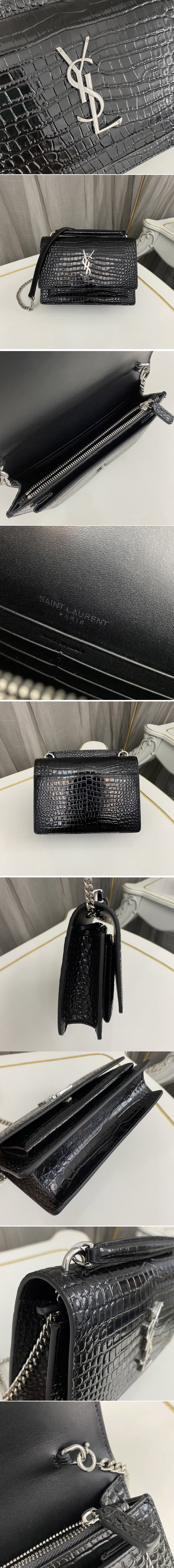 Replica Saint Laurent 533026 YSL SUNSET CHAIN WALLET Bag IN Black CROCODILE-EMBOSSED SHINY LEATHER Silver Buckle