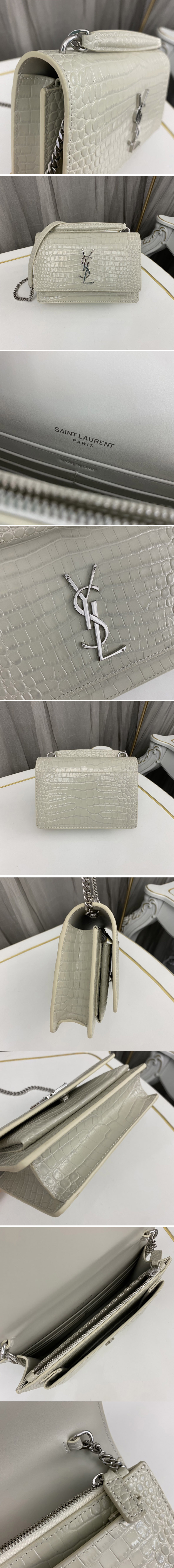 Replica Saint Laurent 533026 YSL SUNSET CHAIN WALLET Bag IN White CROCODILE-EMBOSSED SHINY LEATHER