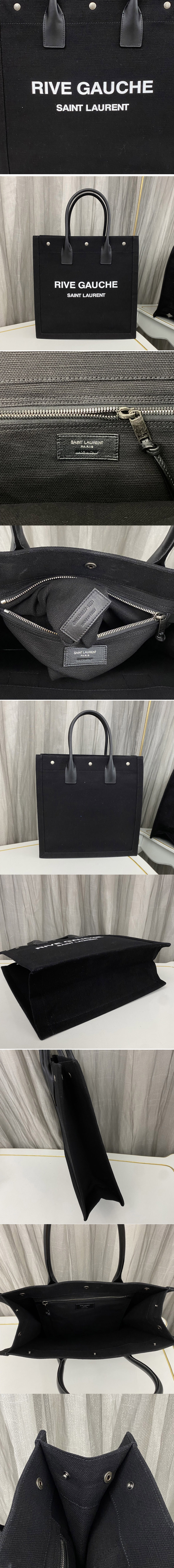 Replica Saint Laurent 631682 YSL RIVE GAUCHE N/S SHOPPING BAG IN Black LINEN AND COTTON